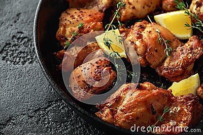 Roasted boneless skinless chicken thighs in lemon and thyme dressing served in vintage cast iron skillet, frying pan Stock Photo
