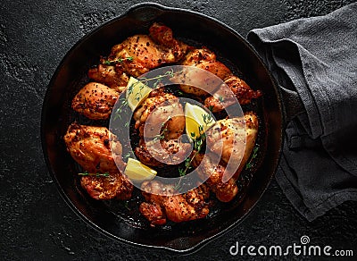 Roasted boneless skinless chicken thighs in lemon and thyme dressing served in vintage cast iron skillet, frying pan Stock Photo