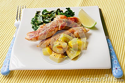 Roasted chicken breast with saute kale and squash vegetables Stock Photo