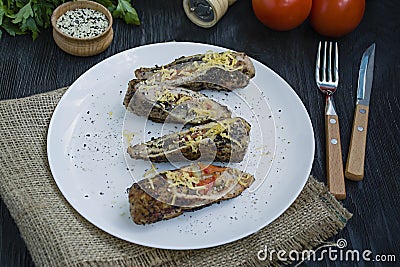 Roasted chicken breasts stuffed with mushrooms, green onion, pepper and sheep cheese, garnished with steamed vegetable and rice Stock Photo