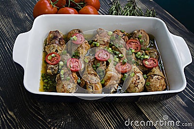 Roasted chicken legs with spices , close-up Stock Photo