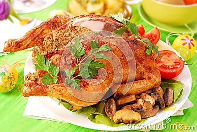 Roasted chicken stuffed with liver Stock Photo