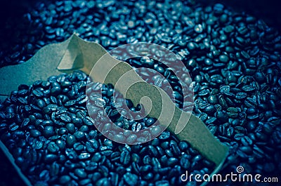 Roasted coffee beans in the blox, focus some part of all Stock Photo