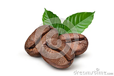 Roasted coffee beans with fresh leaves Stock Photo