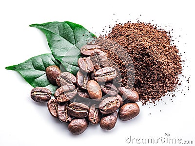 Roasted coffee beans ground coffee on white background. Stock Photo