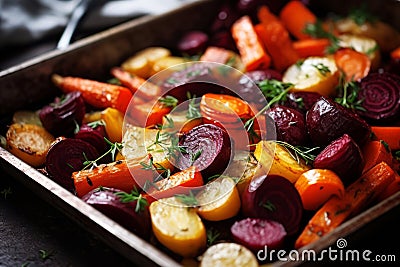 Roasted colorful autumn vegetables. Vegan cuisine. Grilled mixed vegetables. Generative AI Cartoon Illustration