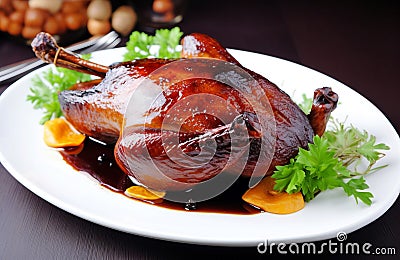 Roasted duck dish plate. Generate ai Stock Photo