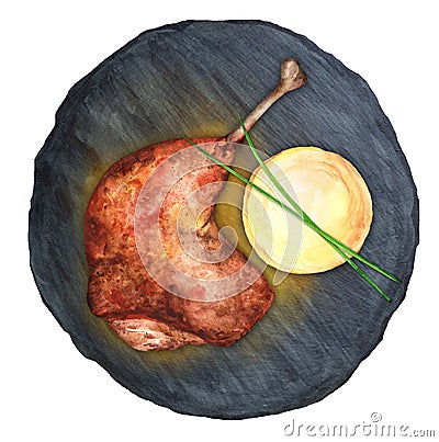 Roasted duck leg confit with mashed potatoes watercolor Cartoon Illustration