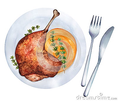 Roasted duck leg confit with pumpkin puree. Watercolor illustration Cartoon Illustration