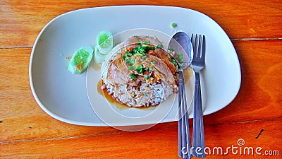 Roasted duck over rice on dish Stock Photo