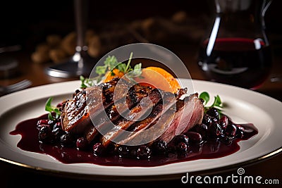 Roasted duck slices with fruit jam on white plate. Generate ai Stock Photo