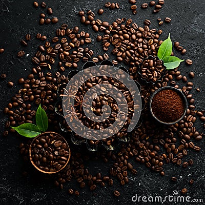 Roasted fragrant coffee beans on a black stone background. Top view. Free space for your text Stock Photo