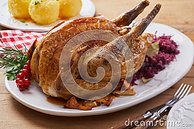 Roasted guinea fall on plate Stock Photo