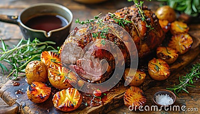 Roasted meat, potatoes with rosemary on wooden board for Easter Stock Photo