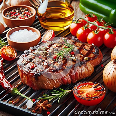 Roasted meat steak grilled with rosmary and vegetables Stock Photo