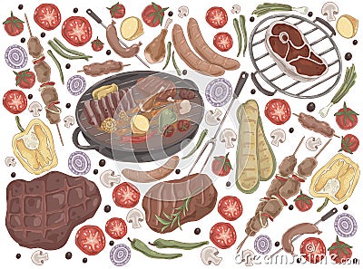 Roasted meat with vegetables, grilled steak, shashlik, chicken legs, cooked ribs, grilled sausages, tasty bbq set Vector Illustration