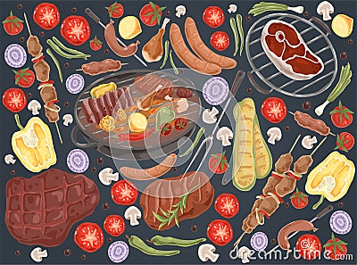 Roasted meat with vegetables, grilled steak, shashlik, chicken legs, cooked ribs, grilled sausages, tasty bbq set Vector Illustration