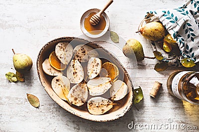 Roasted Pear with Monbazillac Dessert Wine Stock Photo