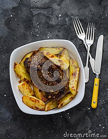 Roasted pork fillet with potatoes and spices - delicious simple lunch on a dark background, top view Stock Photo