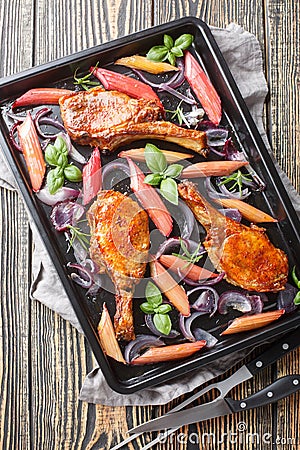 Roasted pork steaks, cutlets with bones with red onion, herbs and rhubarb close-up in a baking sheet on the table. Vertical top Stock Photo