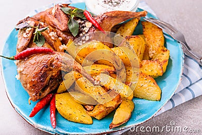 Roasted quails with potatoes Stock Photo