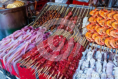 Roasted and raw insects, silkworms, scorpions, bugs, snakes, shrimps, dog meat, octopus on stick Stock Photo