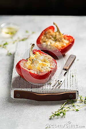 Roasted red pepper with cheese in oven Stock Photo