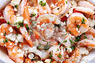 Roasted shrimp with feta cheese & tomatoes upclose Stock Photo