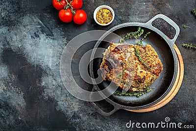 Roasted sliced Christmas ham of turkey. large piece of baked pork with mustard. banner, menu recipe place for text, top view Stock Photo