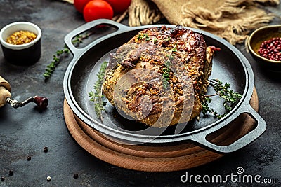 Roasted sliced Christmas ham of turkey. large piece of baked pork with mustard. banner, menu recipe. top view Stock Photo