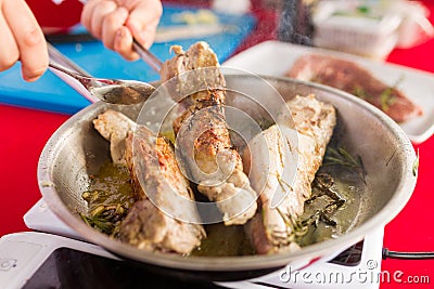 Roasted slices of pork fillet Stock Photo