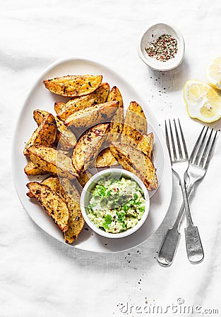 Roasted spices potato with avocado salsa on light background, top view. Tasty snack, tapas or appetizers. Vegetarian food Stock Photo