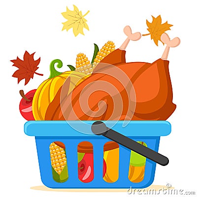 Roasted turkey bird, pumpkin and corn in a basket on a white. Thanksgiving day Vector Illustration