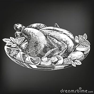 Roasted turkey, chicken,with ingredients hand drawn vector illustration sketch. chalk menu. retro style Vector Illustration