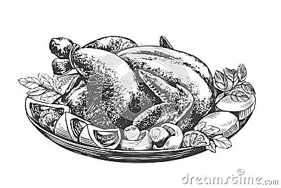 Roasted turkey, chicken,with ingredients hand drawn vector Vector Illustration