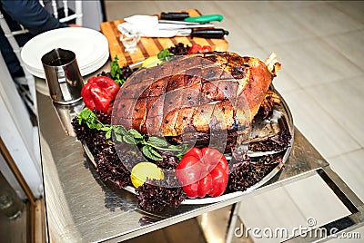 Roasted turkey dinner with lettuce and sweet pepper. Thanksgiving Day Stock Photo