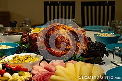 Roasted turkey on holiday table Stock Photo