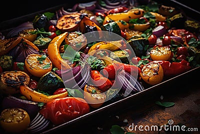 Roasted vegetables on sheet pan oven tray, grilled autumn veggies Stock Photo