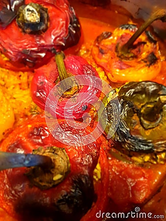 Stuffed Roasted Vegetarian Bell Pepper Stock Photo