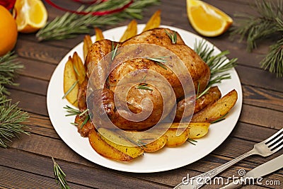 Roasted whole chicken with Christmas decoration. Stock Photo