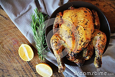 Roasted whole chicken or turkey for celebration and holiday. Christmas, thanksgiving, new year`s eve dinner Stock Photo