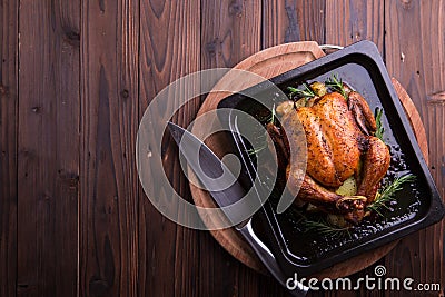 Roasted whole chicken / turkey for celebration and holiday. Christmas, thanksgiving, new year's eve dinner Stock Photo