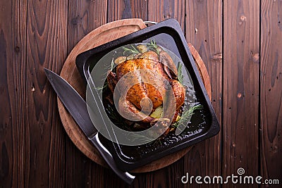 Roasted whole chicken / turkey for celebration and holiday. Christmas, thanksgiving, new year's eve dinner Stock Photo