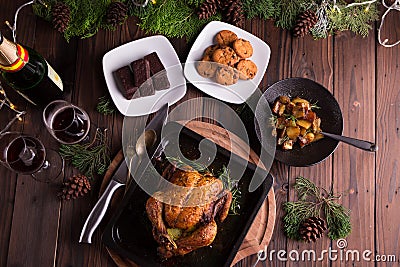 Roasted whole chicken / turkey for celebration and holiday. Christmas, thanksgiving, new year's eve dinner Stock Photo