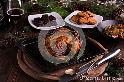 Roasted whole chicken / turkey for celebration and holiday. Christmas, thanksgiving, new year's eve dinner Stock Photo