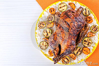 Roasted Whole Duck in honey mustard soy glaze, close-up Stock Photo