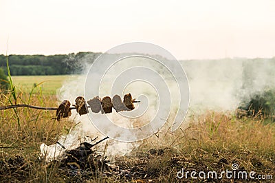 Roasting bread on open fire and smoke Stock Photo