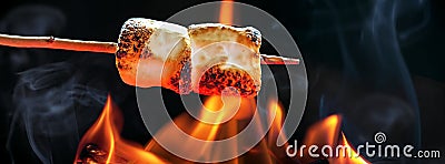 Roasting Marshmallows Over Campfire Horizontal Banner Stock Photo