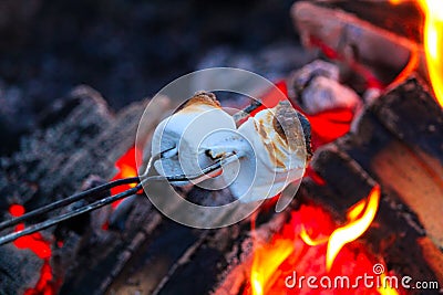 Roasting marshmallows for smores over a colorful campfire Stock Photo