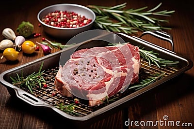 roasting pan with beef roast, fresh rosemary branches, and whole garlic Stock Photo